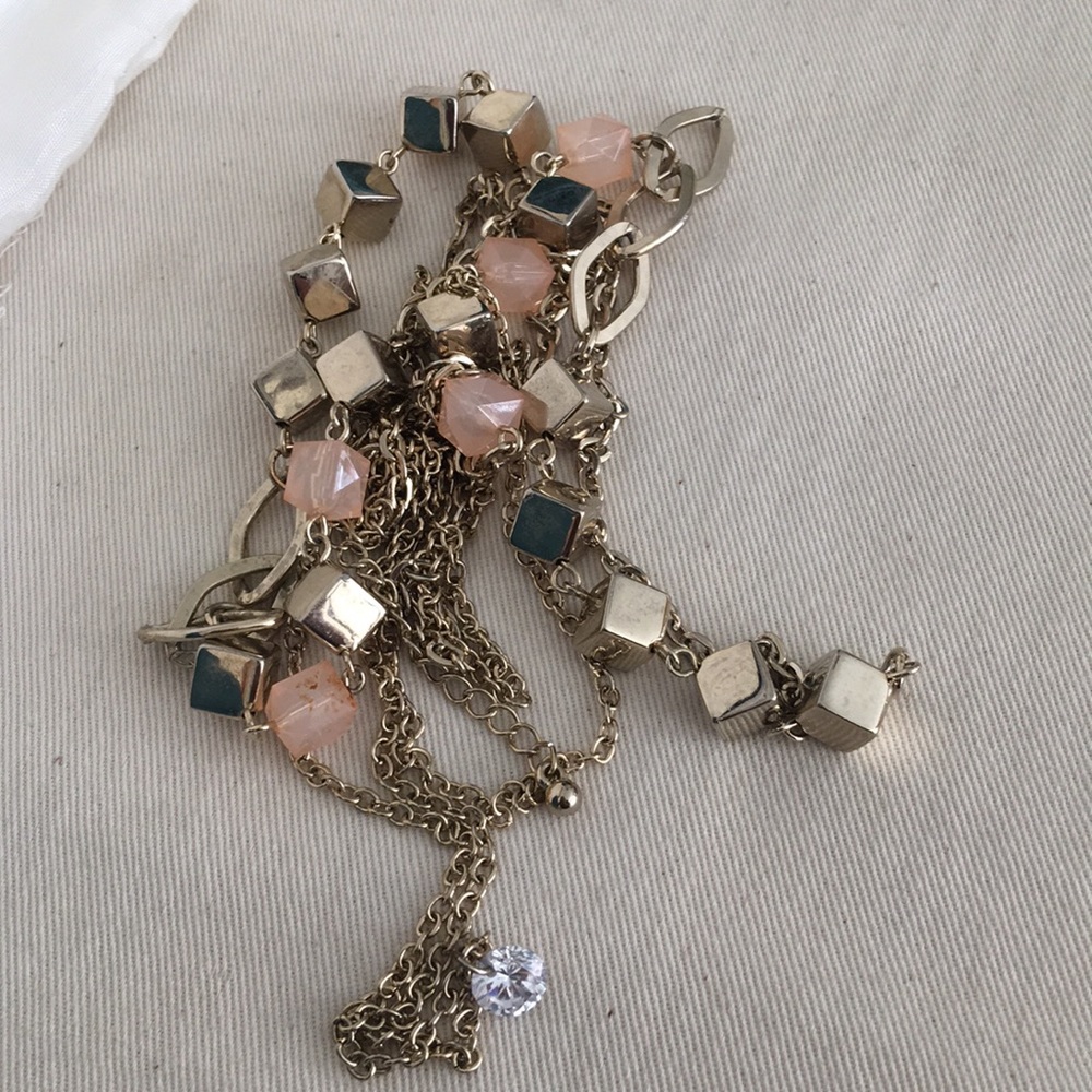 Long dual strand gold necklace with faux diamond - Picture 3 of 4